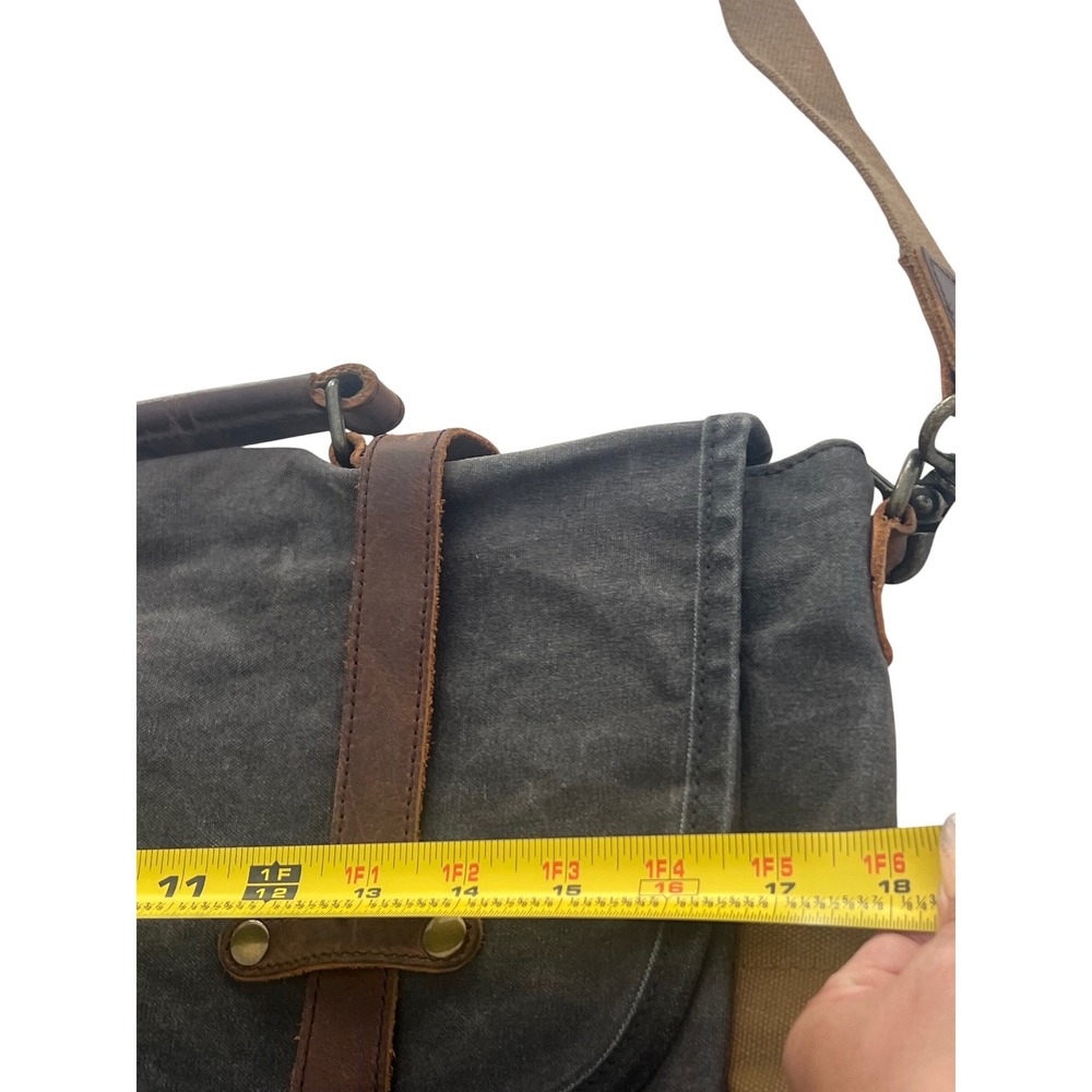 Mens Waxed Canvas Messenger Bag Leather Trim Laptop Satchel Charcoal Gray Brown - Picture 5 of 12